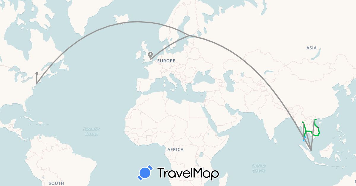TravelMap itinerary: driving, bus, plane, boat, motorbike in Canada, Finland, United Kingdom, Cambodia, Singapore, Thailand, United States, Vietnam (Asia, Europe, North America)